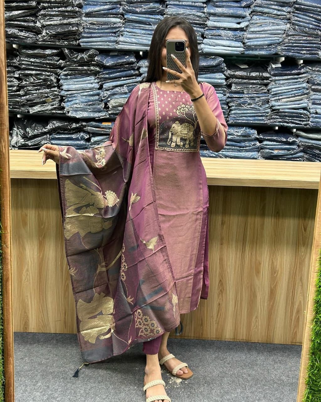 Elegant Cotton Silk Kurti Set with Dupatta – Ethnic Printed Design (Purple)