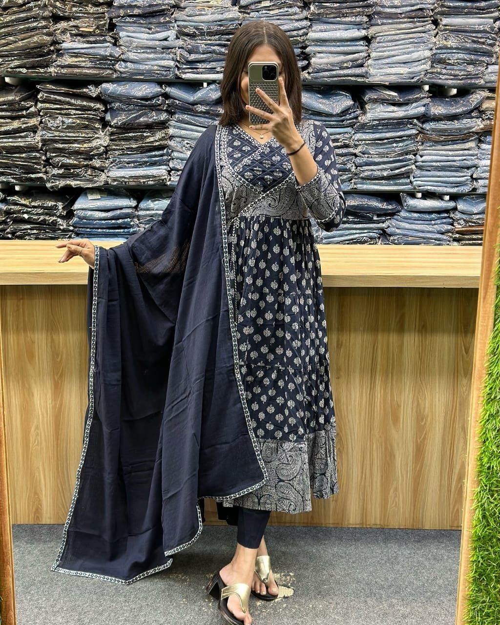 Navy Blue Printed Anarkali Kurta Set with Dupatta for Women