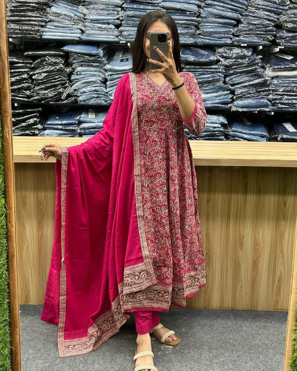 Maroon Printed Anarkali Kurta Set with Dupatta for Women