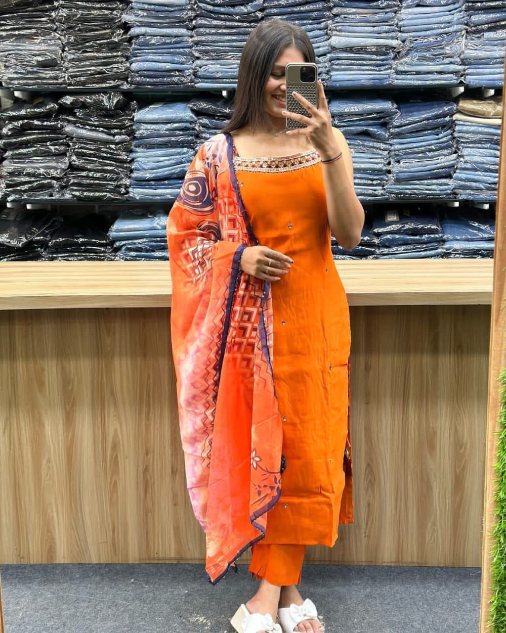 Bright Orange Embellished Kurta Set with Printed Dupatta for Women
