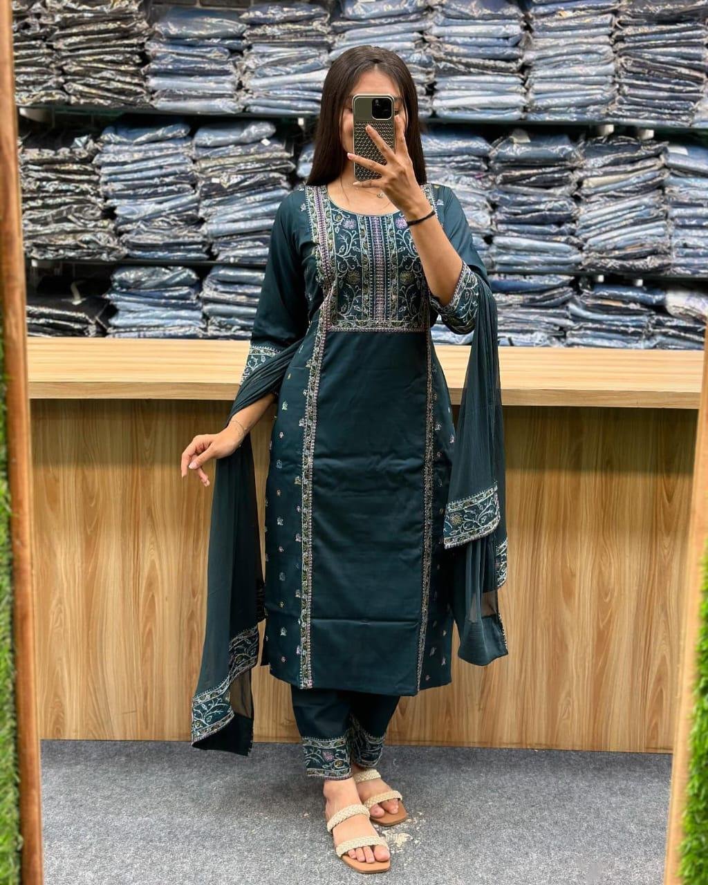 Dark Green Embroidered Cotton Blend Kurta Set with Dupatta for Women