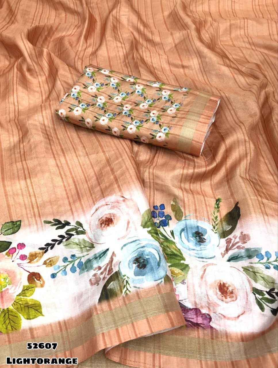 Light Orange Floral Printed Cotton Silk Unstitched Dress Material Set (Top + Bottom + Dupatta)