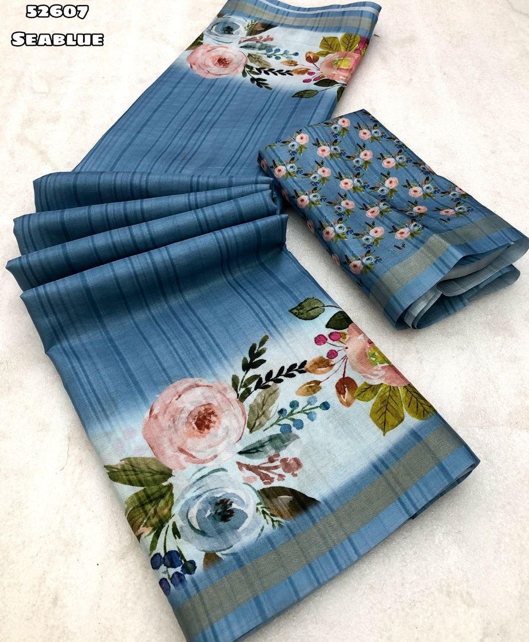 Sea Blue Floral Printed Cotton Silk Unstitched Dress Material Set (Top + Bottom + Dupatta)