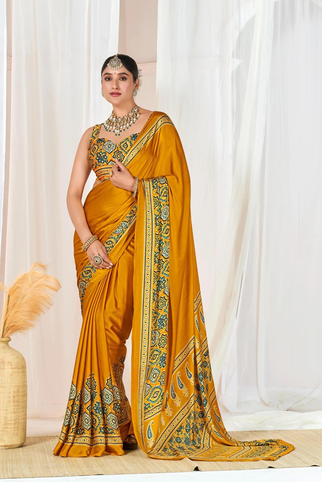 Traditional Mustard Yellow Silk Blend Saree with Printed Border & Blouse Piece