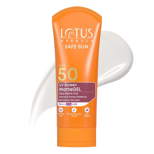 Lotus Herbals Sunscreen for Women & Men | Safe Sun UV Screen Matte Gel Sunscreen SPF 50 & PA+++ | UVA & UVB Protection | Comfrey, Vanilla, Horse Chestnut Extract | No White Cast | Normal to Oily Skin | 100g