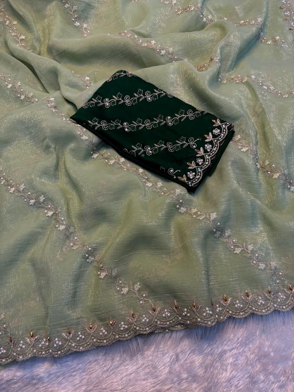Elegant Mint Green & Dark Green Embroidered Women's saree