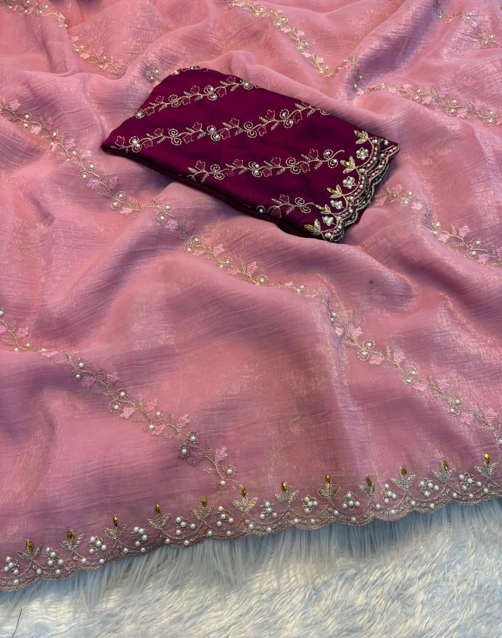 Charming Pink & Maroon Embroidered Women's Saree