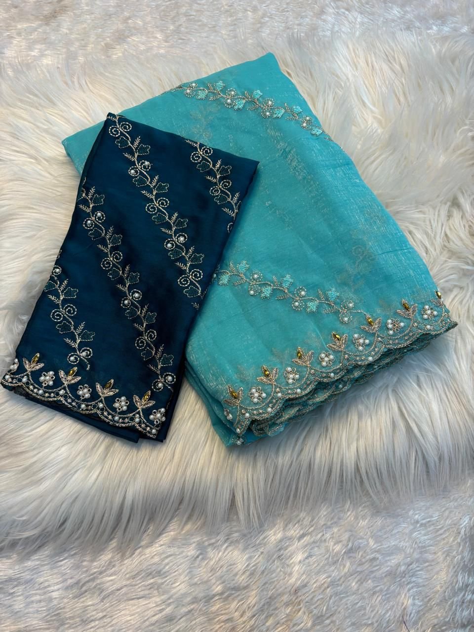 Teal Blue & Sea Green Embroidered Organza Saree