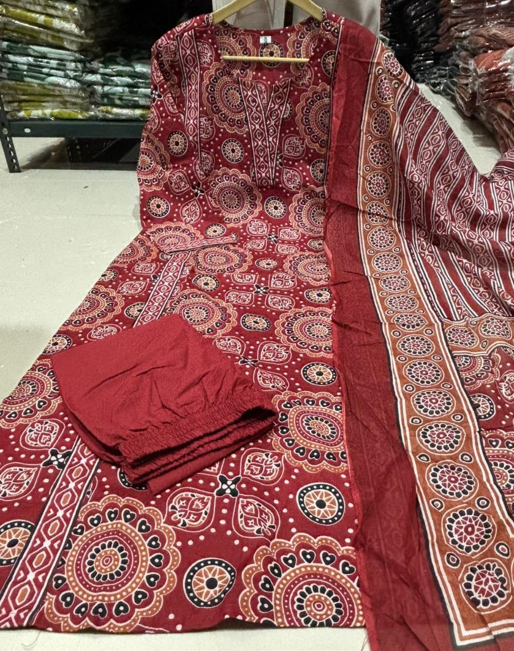 Traditional Printed Cotton Suit Set with DupattaMaroon & Multicolor Design