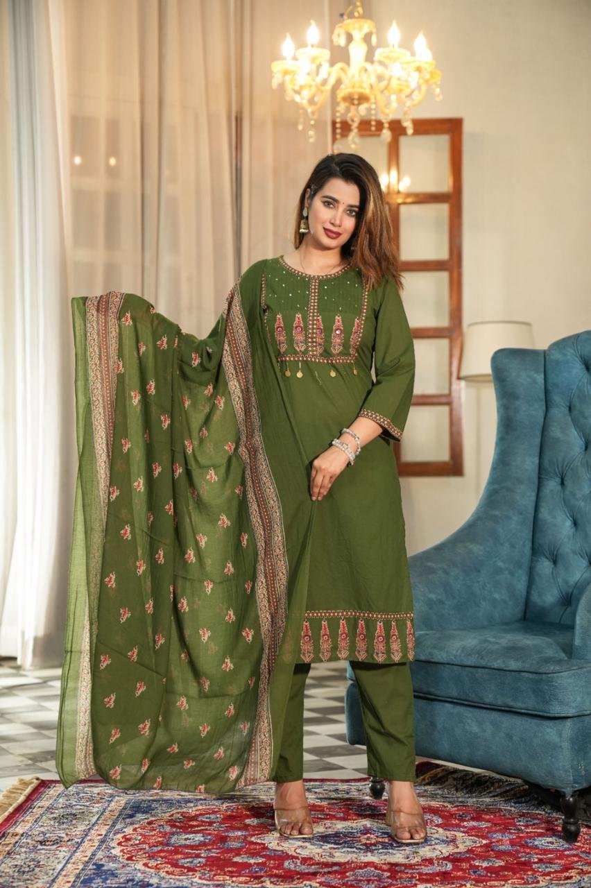 Elegant Olive Green Embroidered Cotton Suit Set with Dupatta