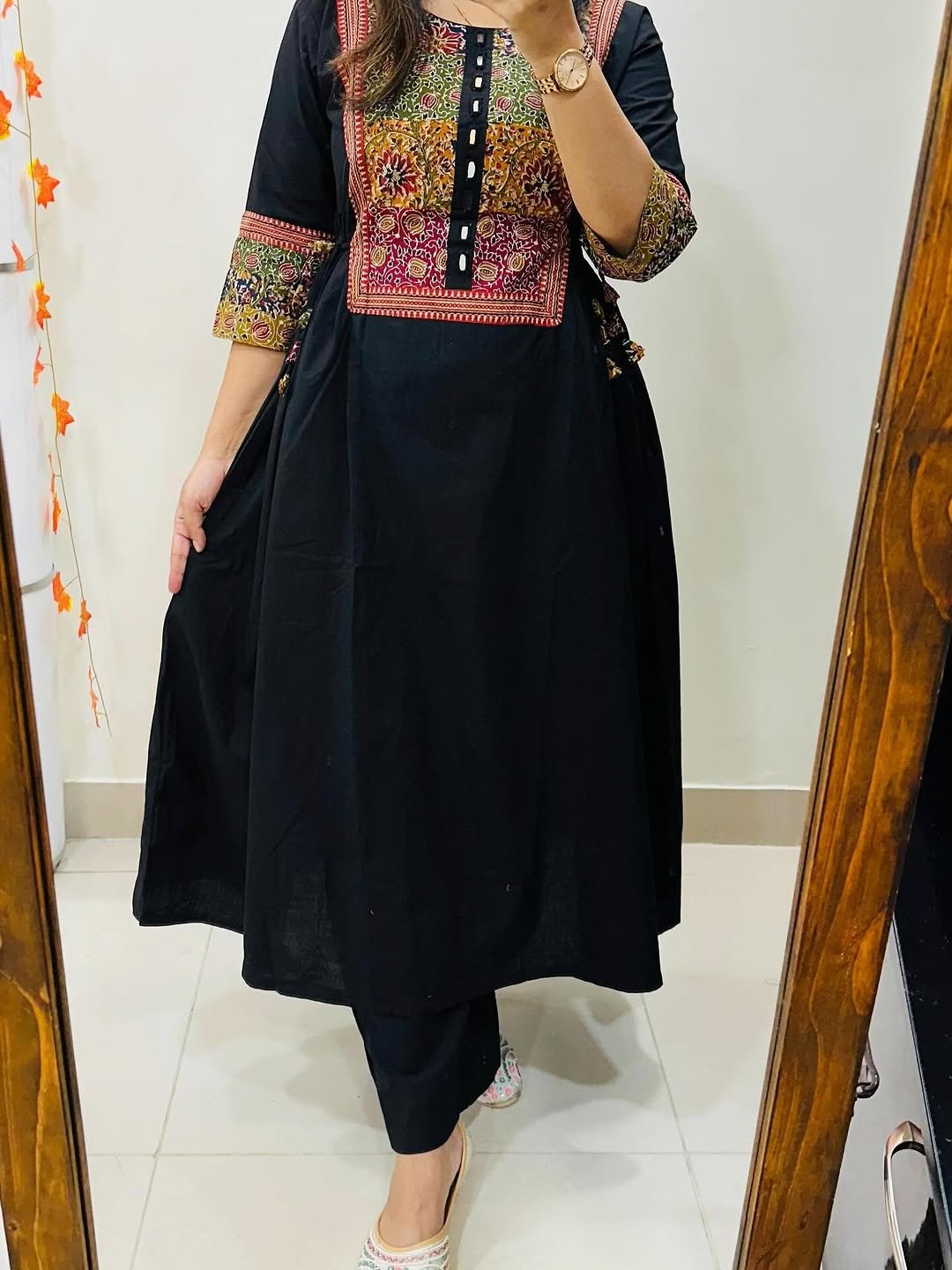 Black Anarkali Kurta Set with Multicolor Embroidered Yoke & Sleeves