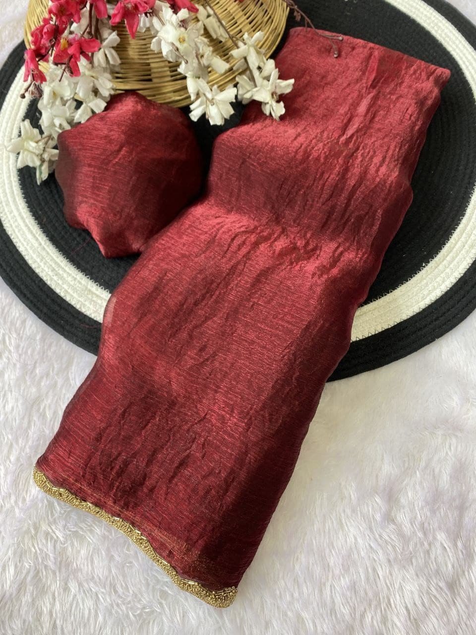 Maroon Silk Saree with Golden Embroidered Border – Wedding & Party Wear