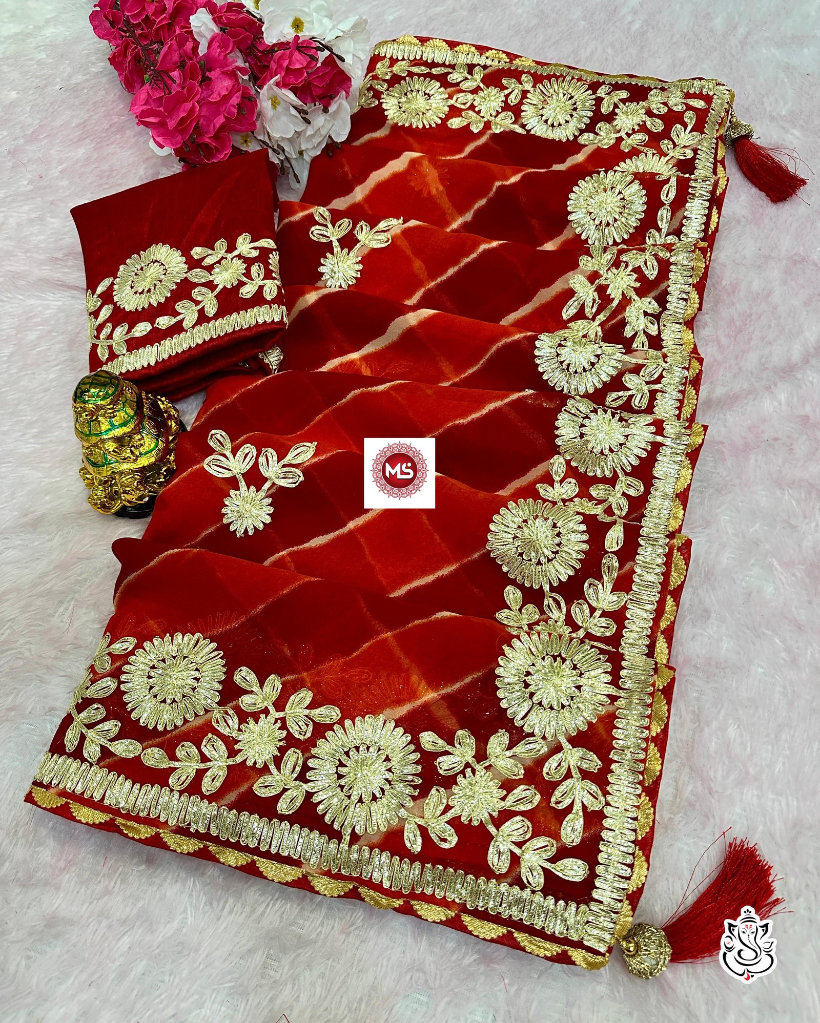 Elegant Red Bandhani Saree with Golden Embroidery – Festive & Wedding Wear