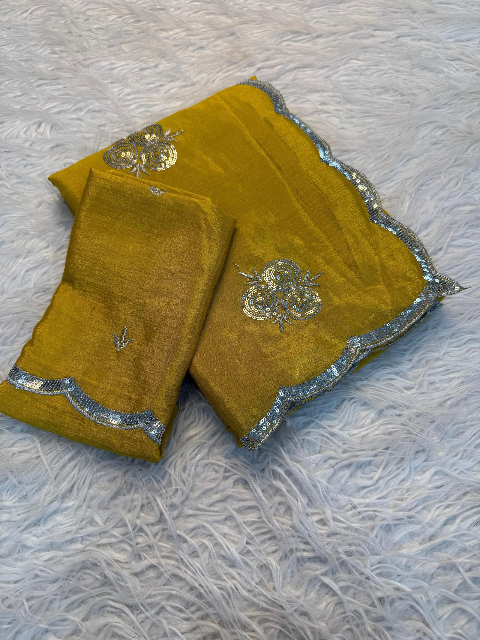 Stylish Mustard Yellow Saree with Silver Embroidery – Festive & Wedding Wear