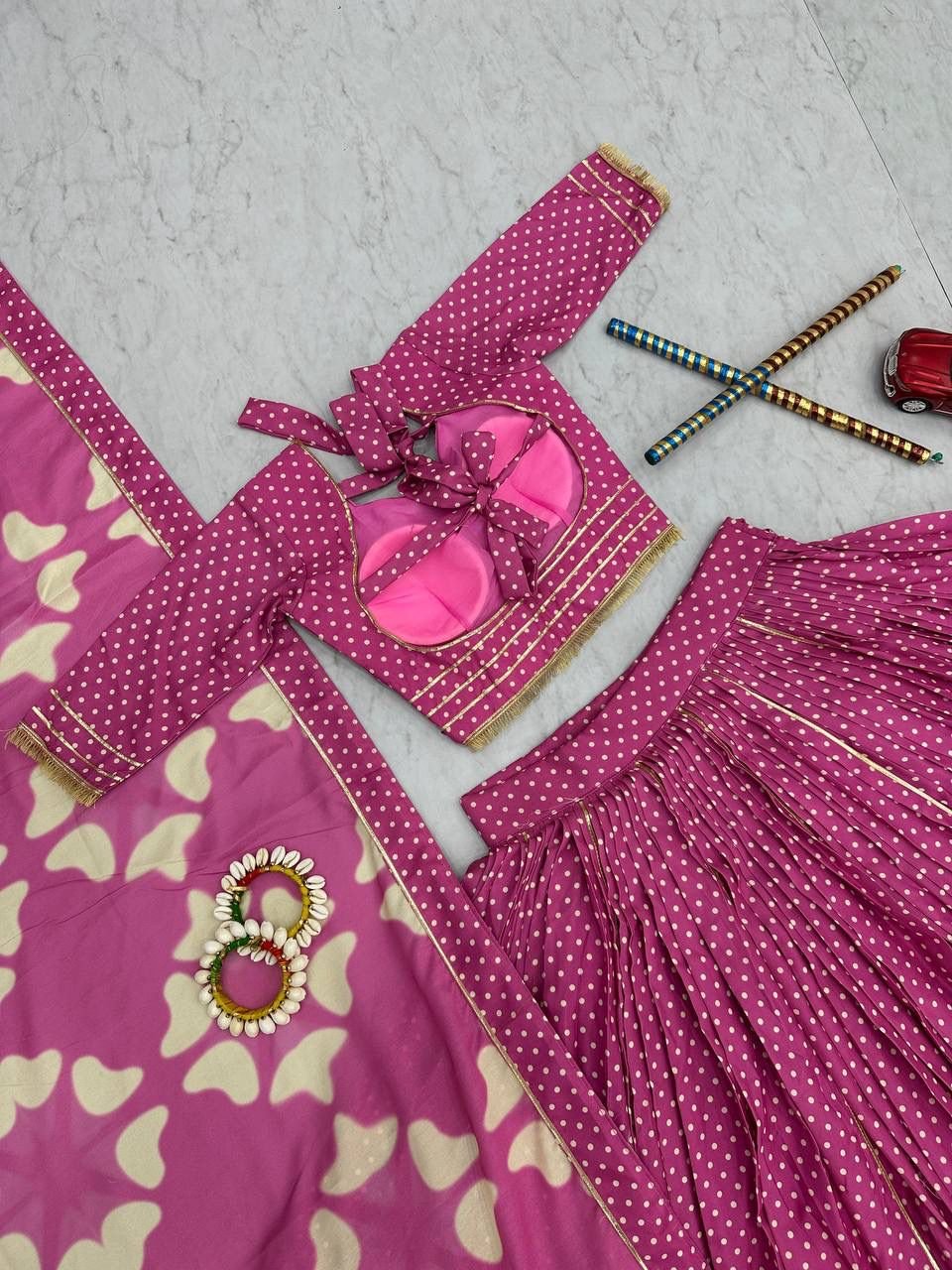 Pink Polka Dot Traditional Lehenga Choli Set for Girls