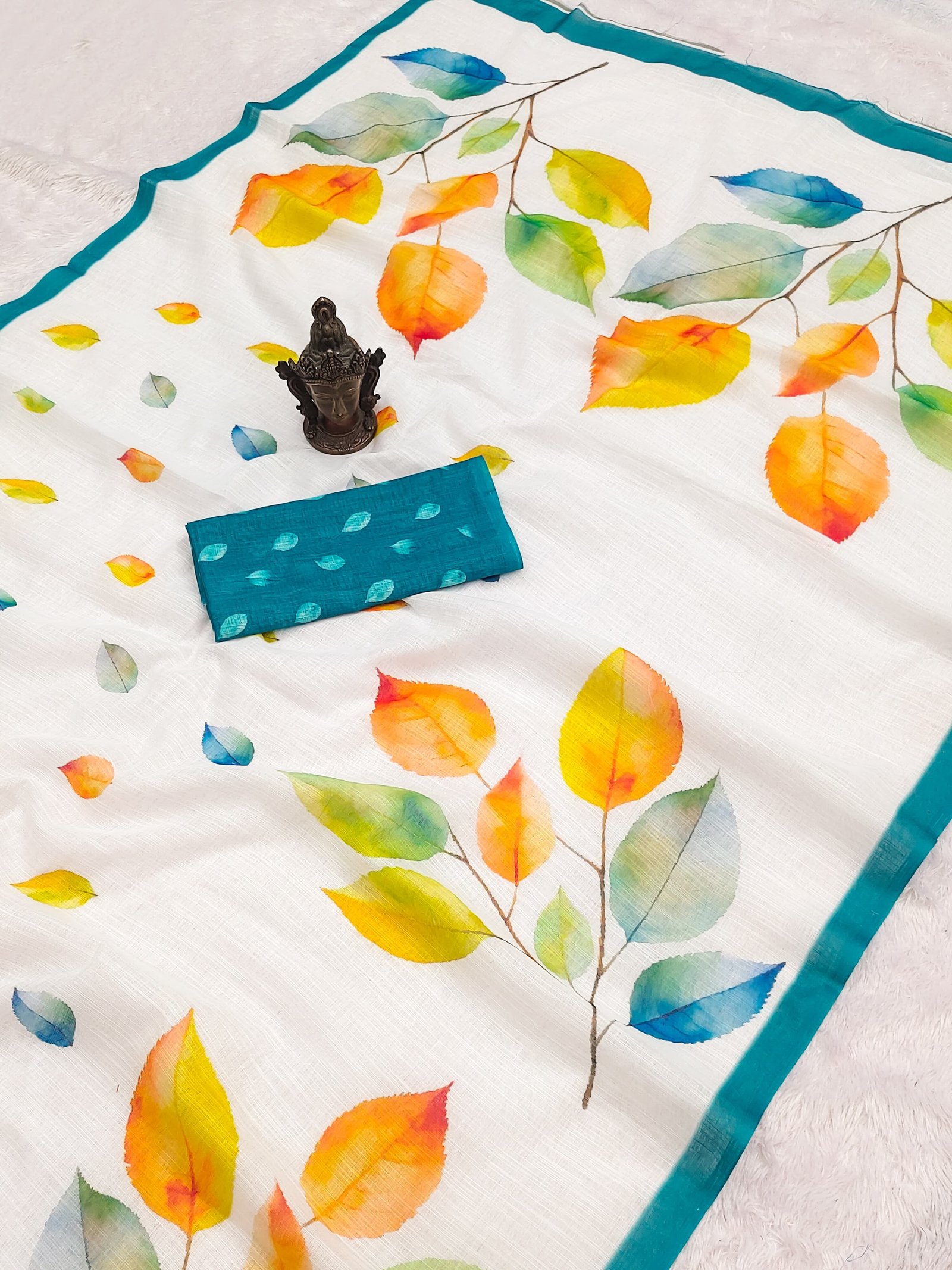 Leaf-Printed Saree with Blue Blouse Piece