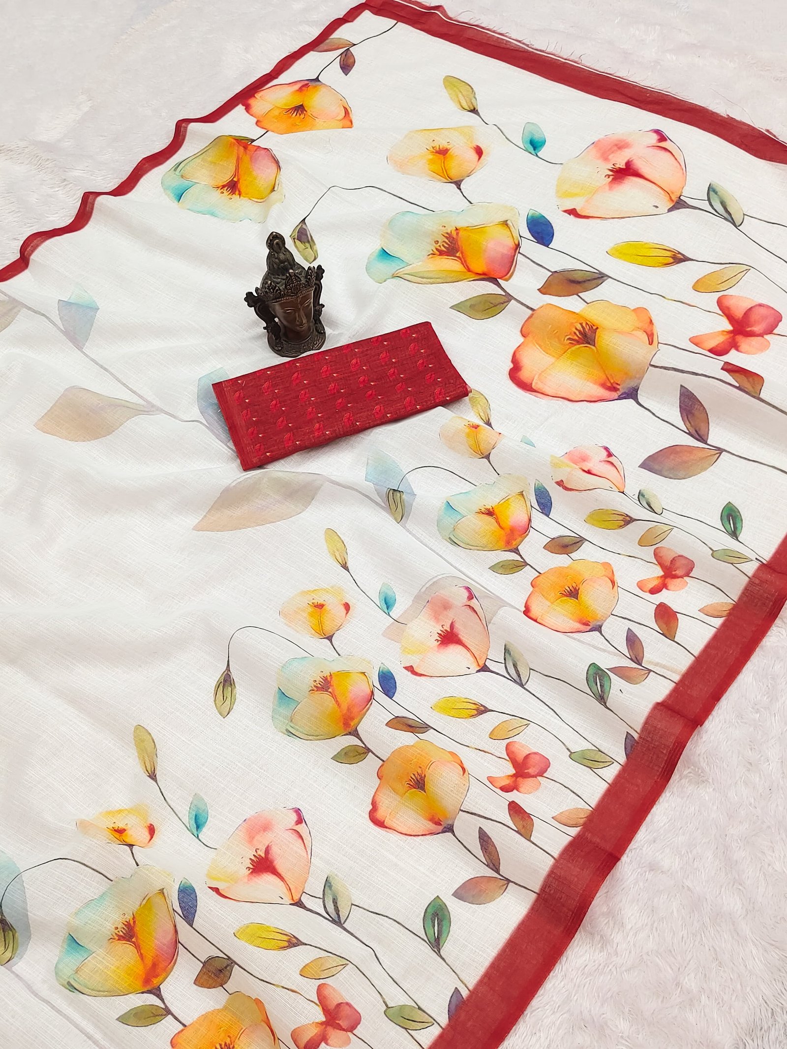 Graceful white organza saree with multicolor floral