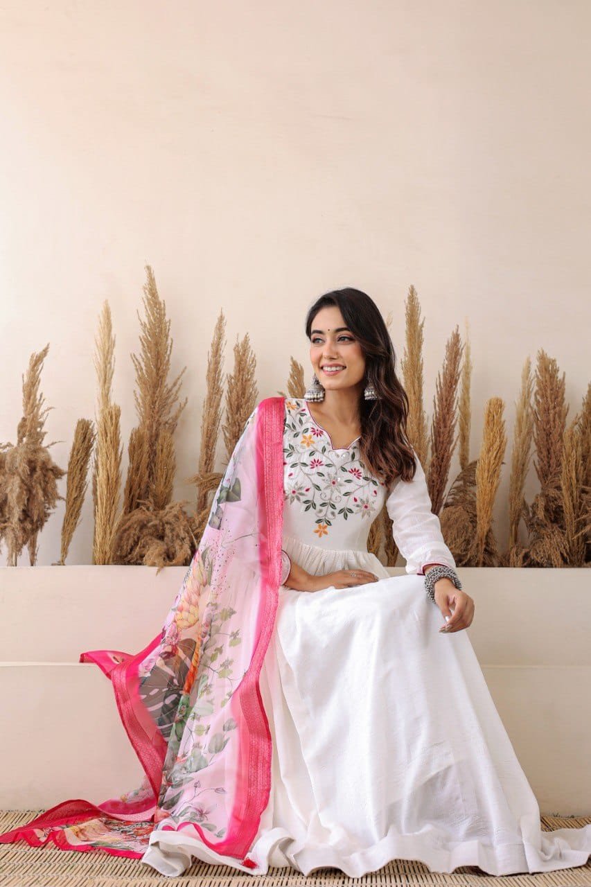 White Floral Embroidered Anarkali Set with Pink Floral Dupatta